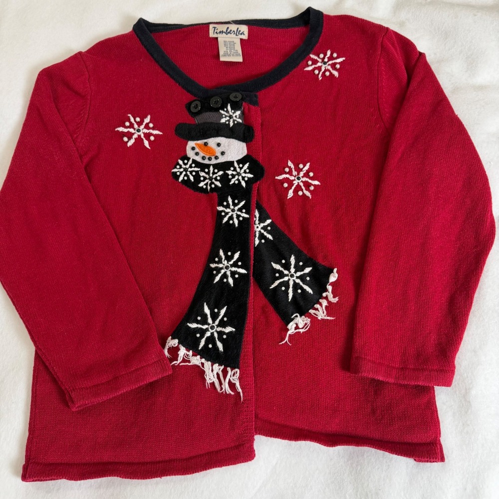 Timberlea Vintage Christmas Snowman Cardigan Sweater XL Red Ramie Cotton Knit